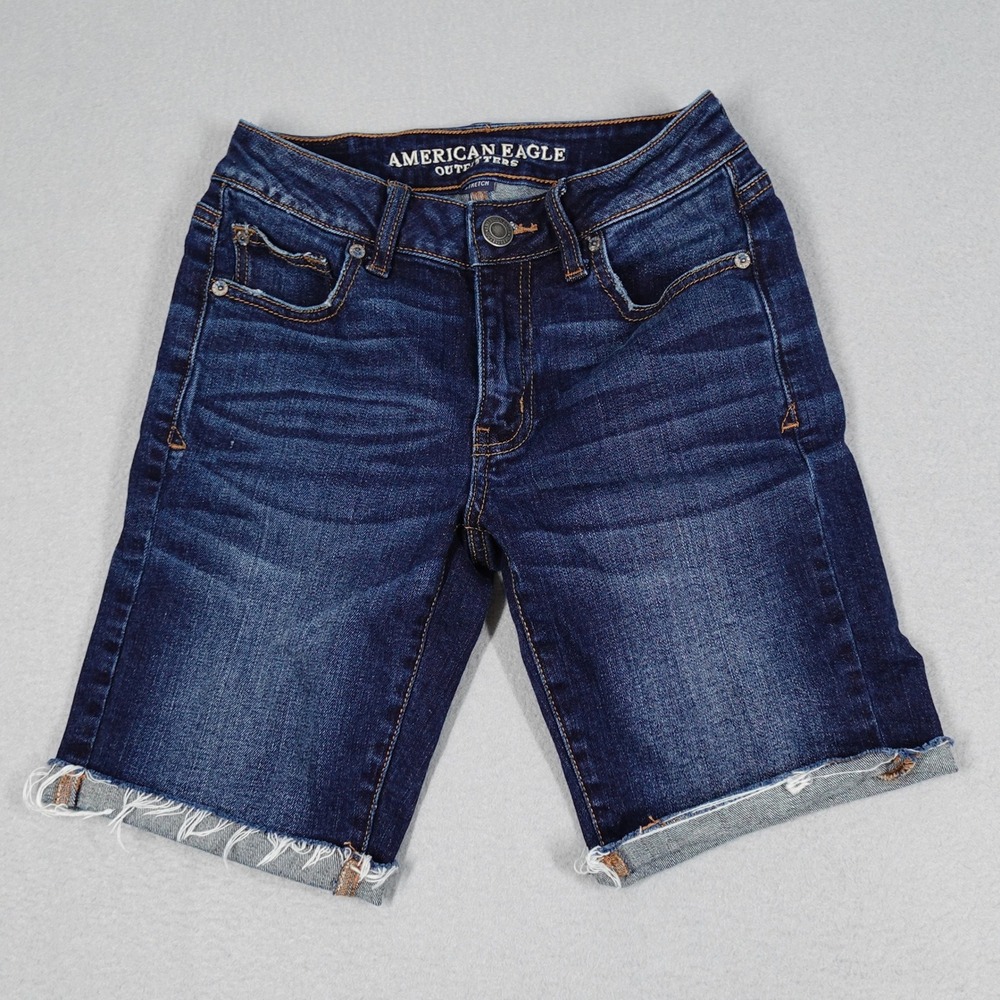 American Eagle Shorts Women 00 Blue‎ Denim Stretch Raw Cuff Hem Jean Bermuda